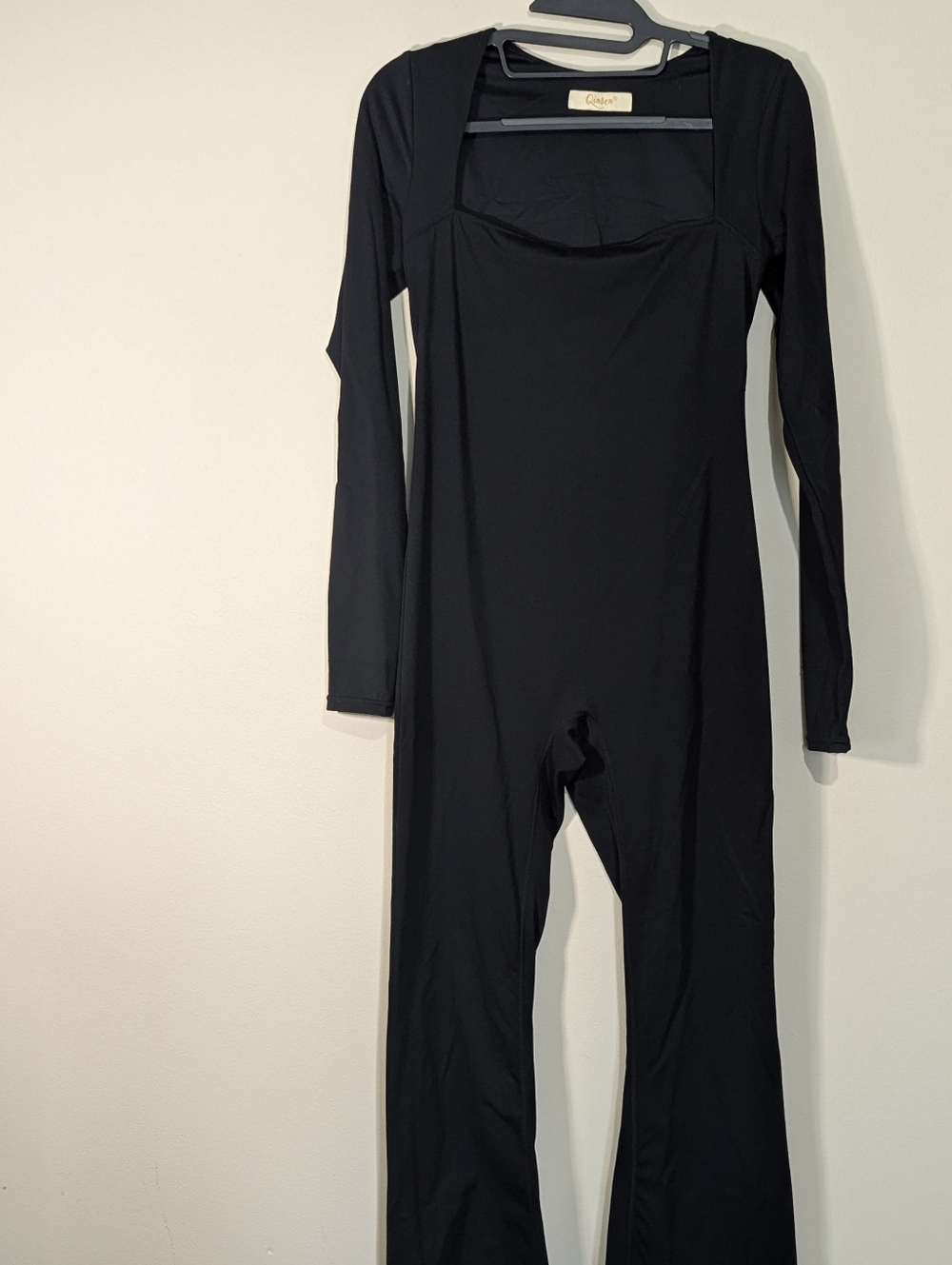 Qinsen Black Flare Jumpsuit Women Large Square Neck Long Sleeve Stretch One Piec